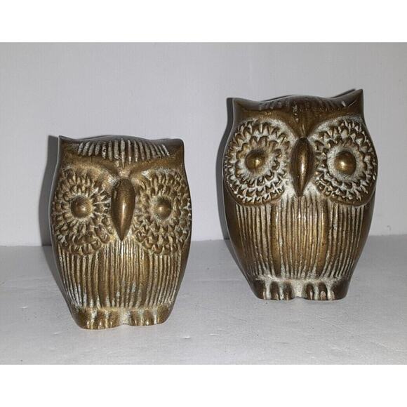 2 Vintage Brass Owl Figurines, Paperweights Sculptures (3 tall and 2 1/4 tall) - Picture 2 of 5